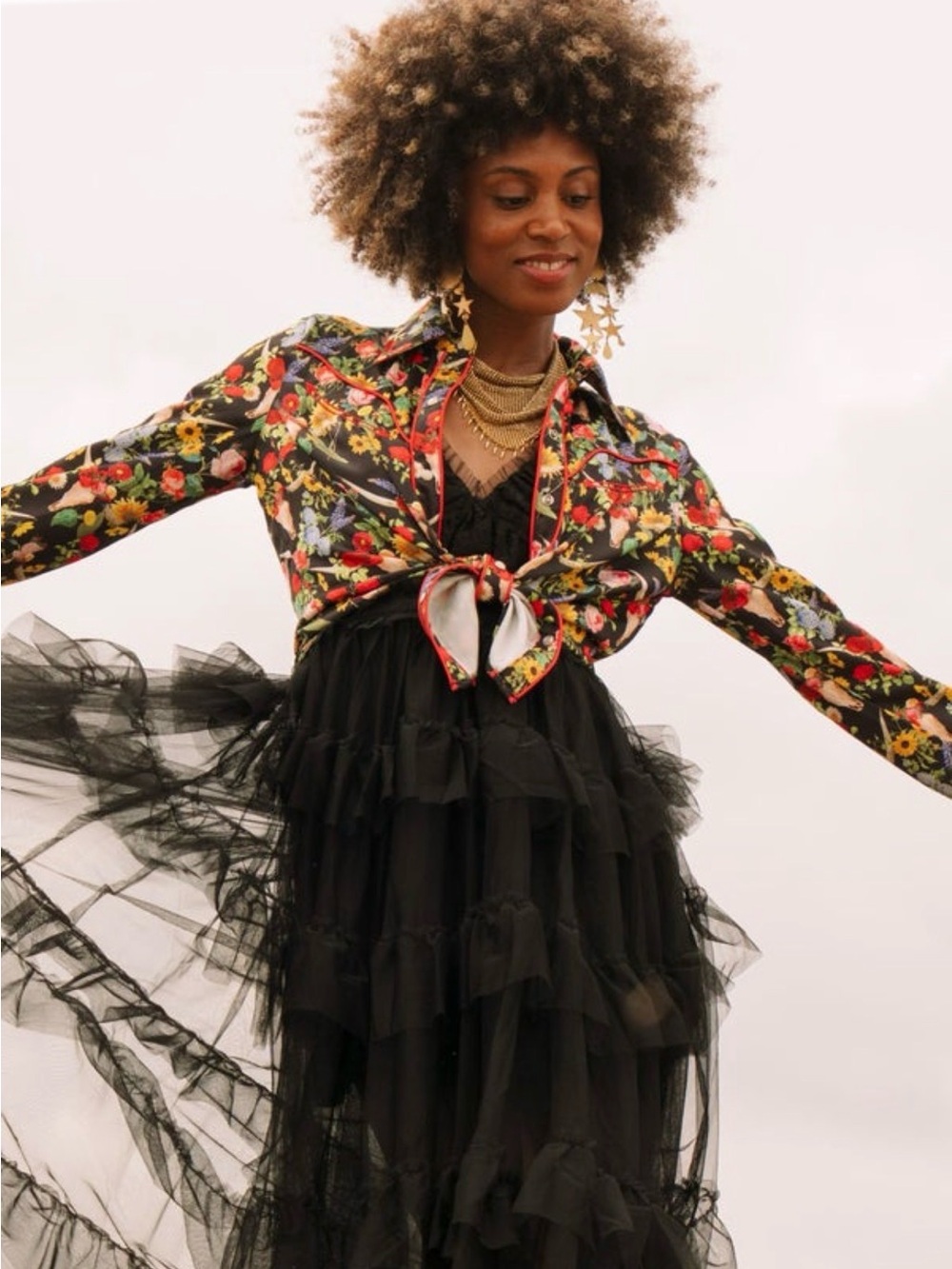 Floral & Skull Western Button-Up Shirt - Black Base with Multicolor Flowers - Picture 4 of 5